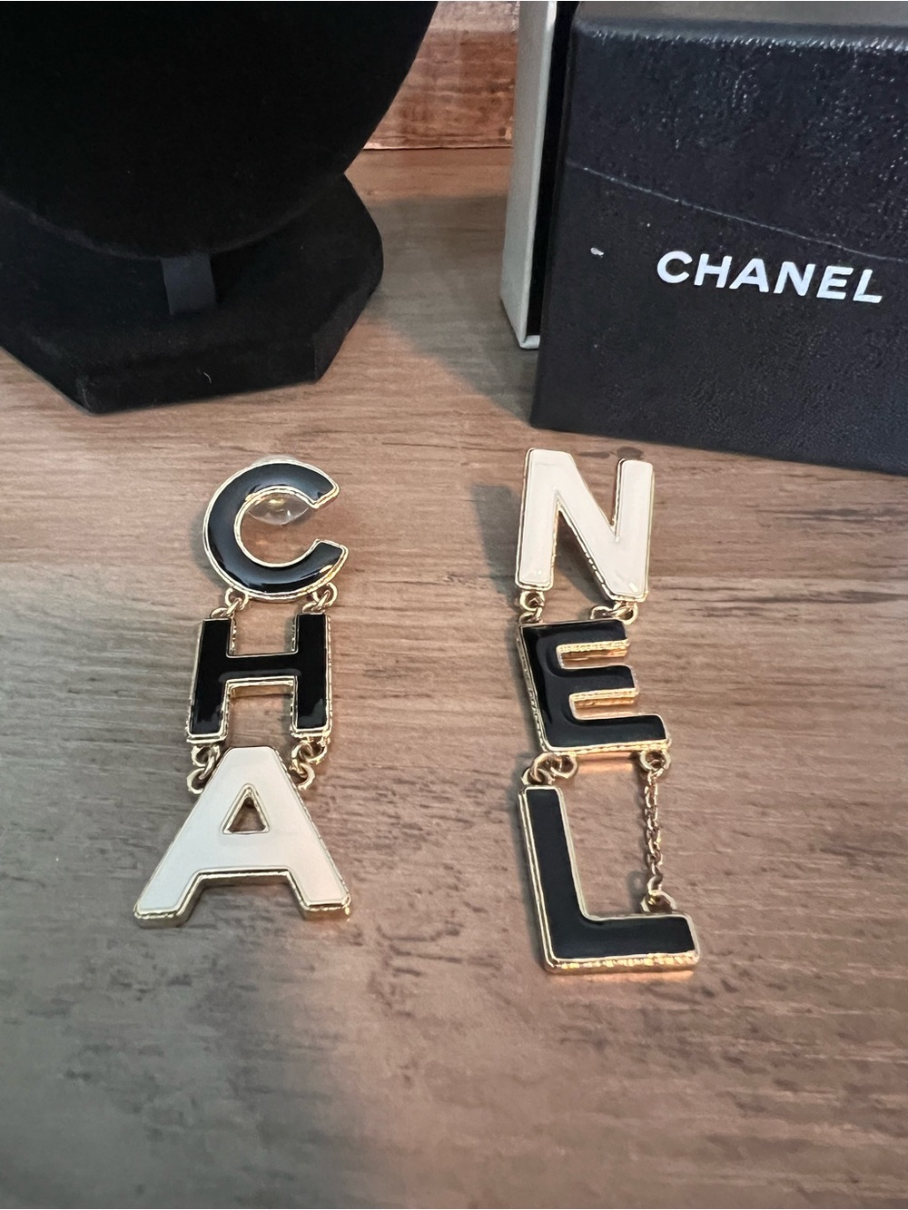 CHANEL Gold-Tone Letter Drop Earrings with Black & White Enamel